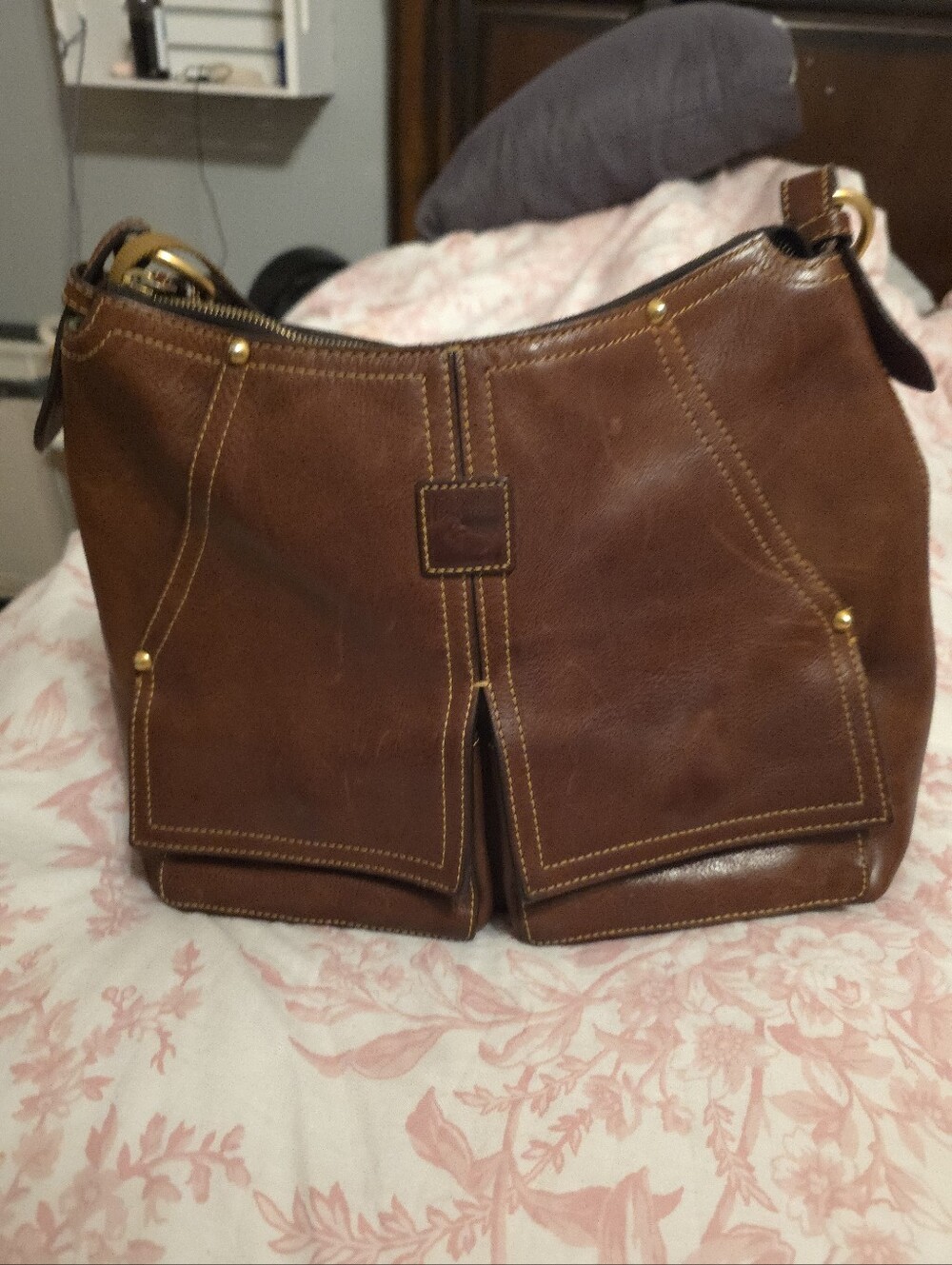 Dooney And Burke Women's Brown Leather Shoulder Bag with Gold-Tone Accents